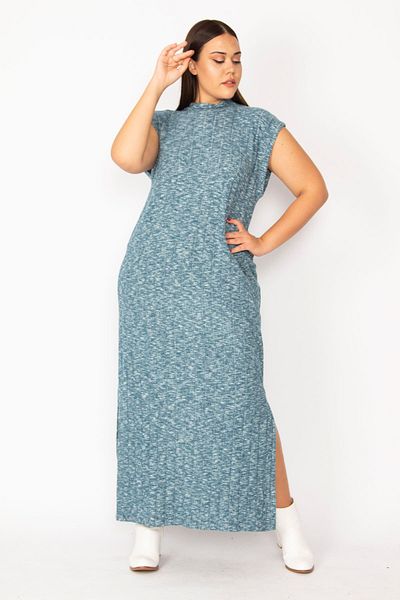 Şans Rochie de damă, albastră, mărime mare, cu guler în picioare, cu fantă laterală din Lycra 65n28715
