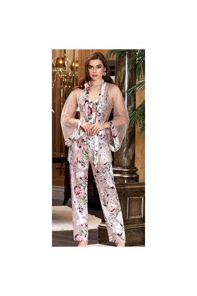 Jeremi 3053 Dowry Silk Satin Triple Pajama Set - Powder