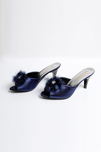 GIONA Heeled Navy Blue Furry Bridal Dowry Slippers
