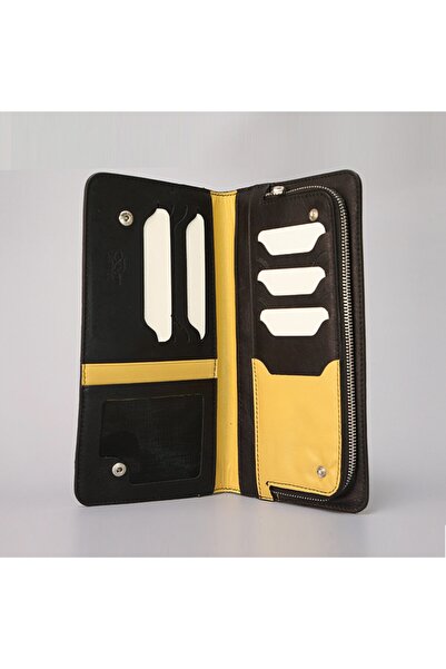 BON CARNET Чорний шкіряний гаманець - Acar Keops, на блискавці та кнопці, жов...