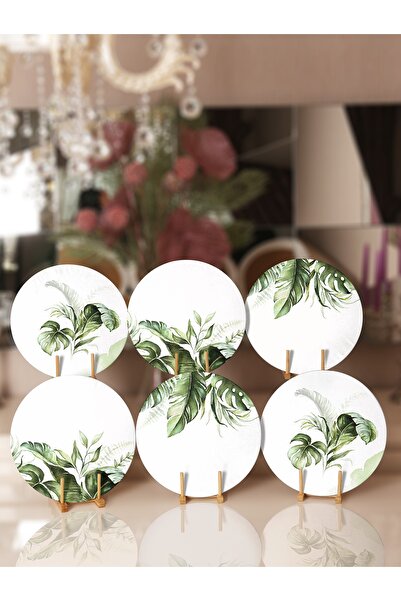 Realhomes 6'lı Beyaz Zemin Yeşil Tropik Yaprak Motifli Servis Altlığı ve Supla