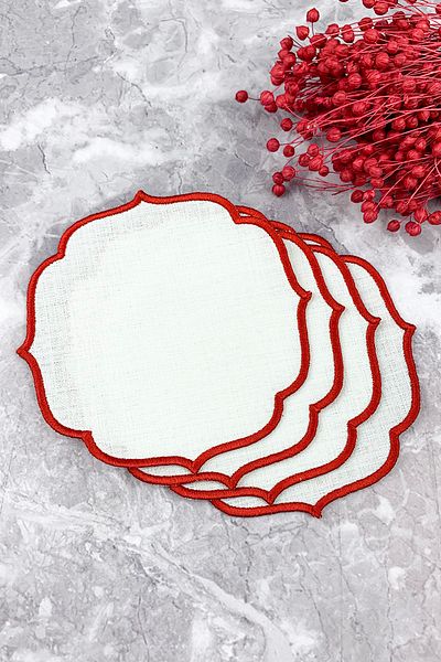 WEARE2 Red Colored Embroidered Linen Effect Set of 4 Cocktail Napkins