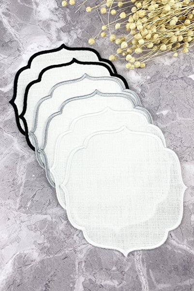 WEARE2 Set de 6 șervețele de cocktail cu efect de in, brodate în negru, gri ș...