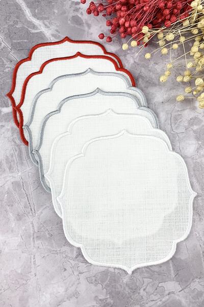 WEARE2 Set de 6 șervețele de cocktail cu efect de in, brodate în roșu, gri și...