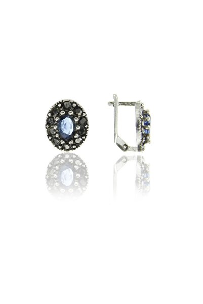Doğan Silver Kadın Gümüş Markazit Ve Kök Safir Taşlı Oval Model Küpe Dgn20446