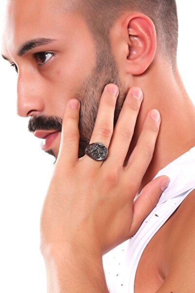 LABALABA Men's Metallic Anthracite Lacquer Plated Adjustable Double Headed Eagle Printed Ring