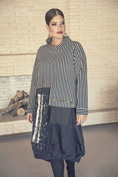 THE NUQUELLA Büyük Beden Çizgili Örme Garnili Elbise