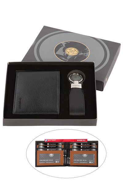 CENGİZ PAKEL Genuine Leather Black-tan Men's Wallet + Keychain Set