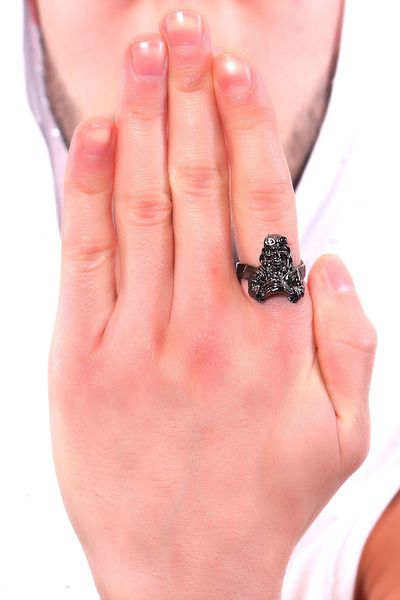 LABALABA Men's Metallic Anthracite Lacquer Plated Adjustable Skeleton Pilot Ring