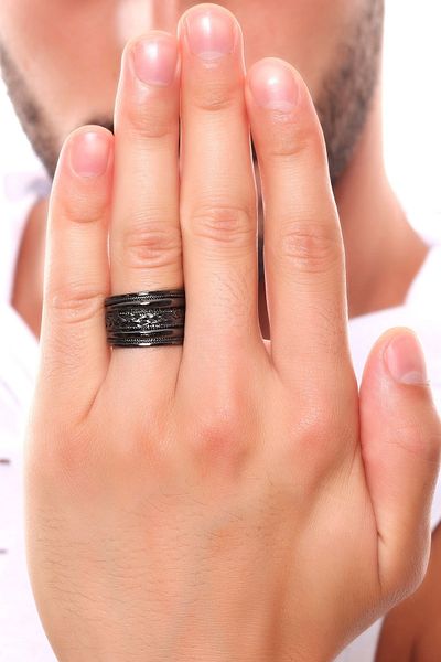 LABALABA Men's Metallic Anthracite Lacquer Plated Adjustable Weave Printed Ring
