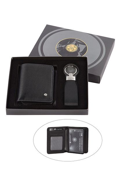 CENGİZ PAKEL Genuine Leather Small Size Black Men's Wallet + Keychain Set
