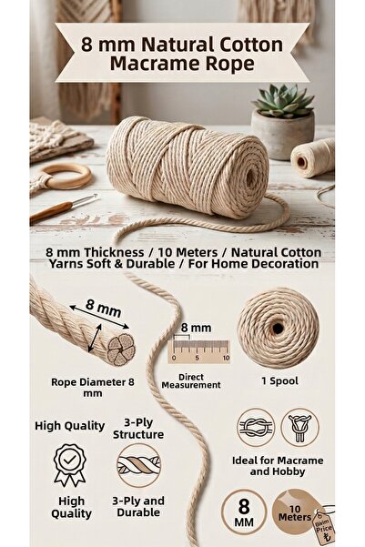 Bevella Macrame Cord 8 mm 10 Meters 3 Twisted Twine Rope Scannable Macrame Co...