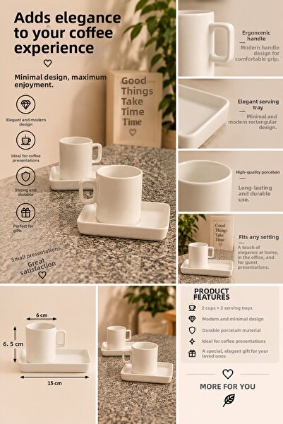 THIRTEEN SELECT Set of 2 Porcelain Cups – Square Presentation Plate, Modern a...
