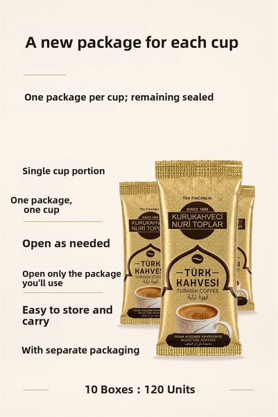 Nuri Toplar Single Cup Turkish Coffee 120 Pieces (10 Boxes X 12) Disposable Pack, Roasted on Wood Fire