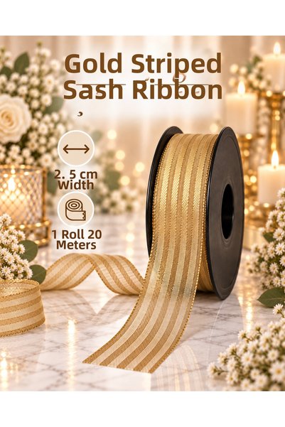 kubbe tekstil aksesuar Gold Striped Chiffon Ribbon 2.5 cm – 1 Roll 20 Meters ...