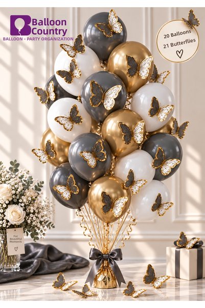 BALON DİYARI مجموعة من 20 بالونًا ذهبيًا من أنثراسايت، 21 زينة على شكل فراشة ...