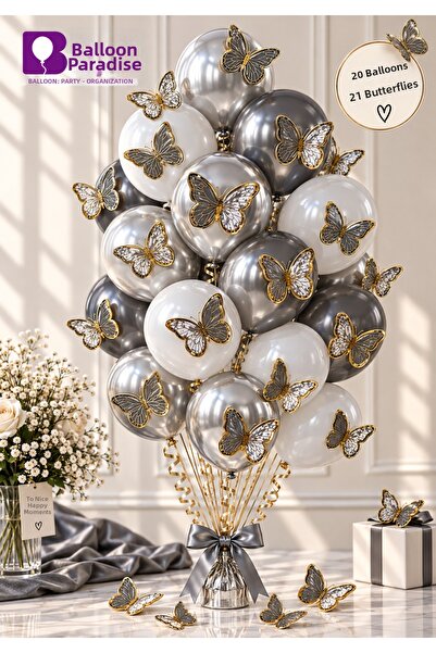 BALON DİYARI 20-Piece Silver Gold Balloon Set 21-Piece Butterfly Ornament – B...