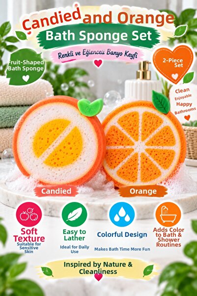 OpenCity 2-Piece Fruit Shaped Bath Sponge Peach Orange Baby Kids Washing Show...