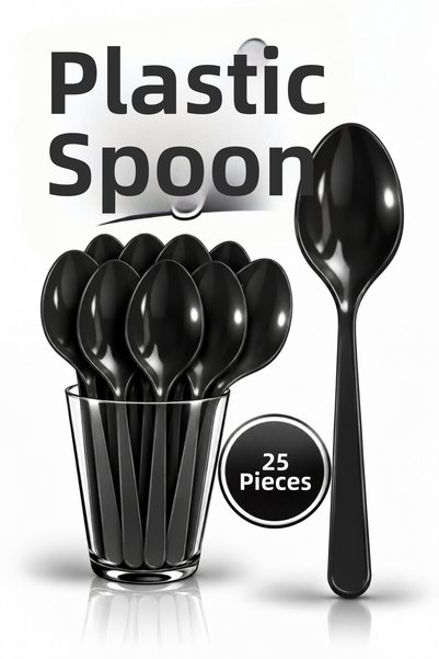 Huzur Party Store 25Pcs Black Color Spoon Hard Durable Plastic Luxury Disposa...