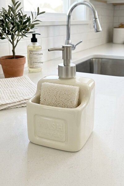ALBETTO Porcelain Liquid Soap Dispenser with Sponge Holder Compartment 350ml ...