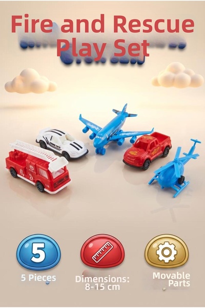 Tıfıl Toys 5-Piece Firefighting and Emergency Set 7-14 cm Pull and Drop Educa...