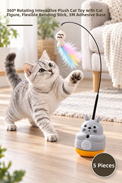 Yenilig 5 Pieces Cat Shaped Rotating Plush Fish Fishing Rod Toy – 360 °   Int...