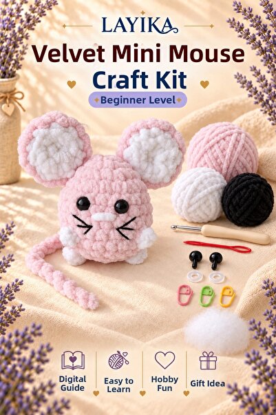 Kent Pazarı Velvet Tiny Mouse Amigurumi Knitting Kit – Beginner DIY Hobby Set...