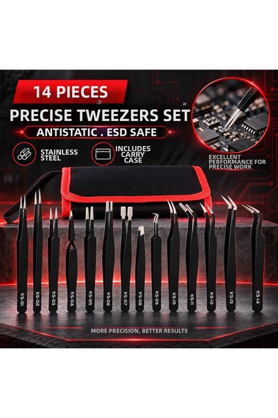 Precision Tweezers Set Electronics Jewelry Laboratory Craft 14 Pieces Esd Antistatic Stainless Steel