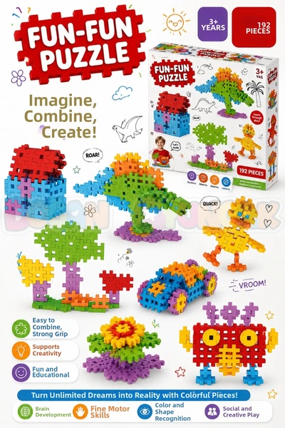 SUDESA OYUNCAK Fun-Fun Puzzle 192 Pieces Plug and Play Jigsaw Block Set – Col...
