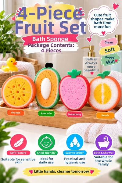 OpenCity Four Fruit Shaped Bath Sponge Set Baby Kids Washing Shower Sponge Or...