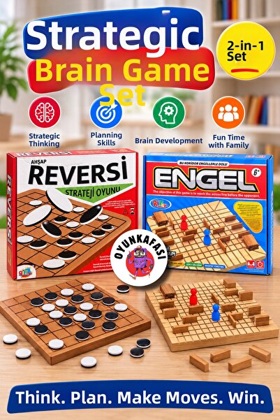 OYUNKAFASI 2-Piece Wooden Strategy Game Set Reversi and Obstacle Game 3 mm Wo...