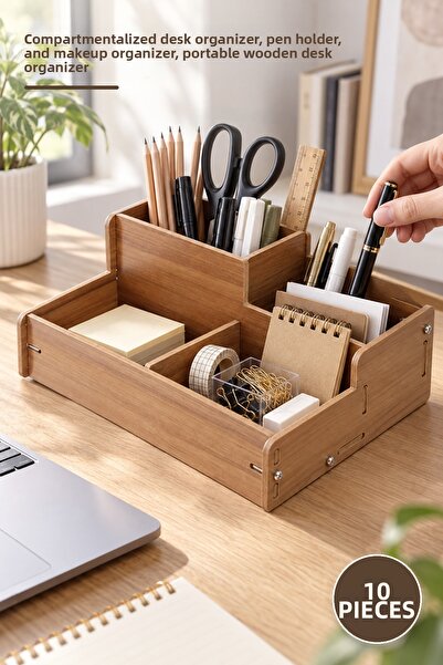 Yenilig 10 Pieces Wooden Desk Organizer Box – Divided Desk Organizer, Pen Hol...