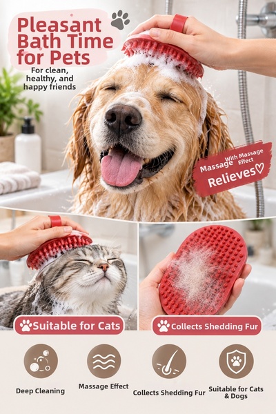 İnfeta Red Ergonomic Massage Cat and Dog Washing and Hair Combing Brush