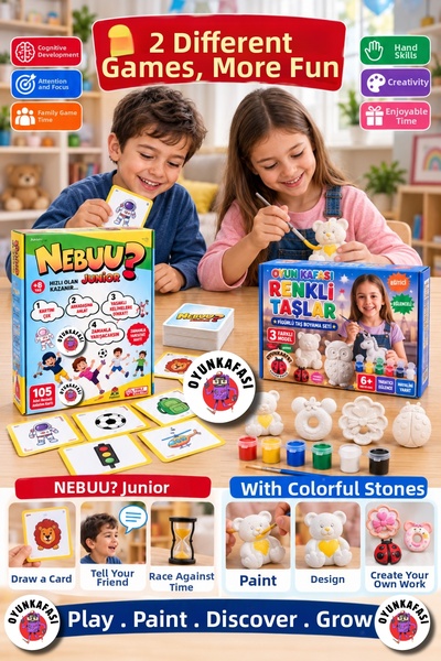 OYUNKAFASI 2-Piece Game Set Nebuu Junior Tell Us + Colorful Stones Figure Painting Set Children's Family Entertainment Activity Game