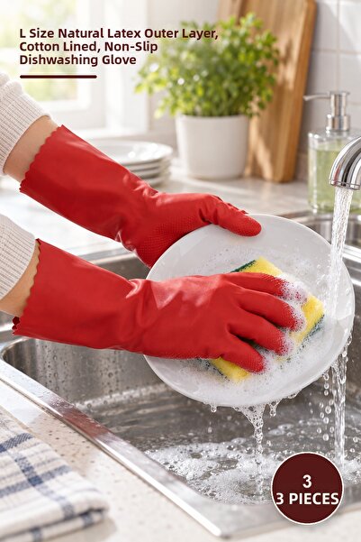 Yenilig 3 Pieces Dishwashing and Cleaning Gloves – Size L, Natural Latex Exte...