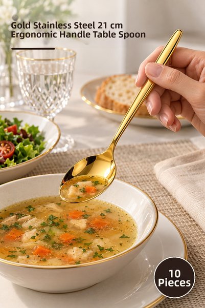 Yenilig 10 Piece Tablespoon Set – Gold Color Stainless Steel 21 cm Ergonomic ...