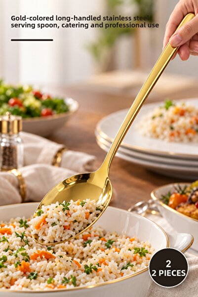 Yenilig 2 Pieces Metal Serving Spoon – Stainless Steel Long Handle Gold Color...