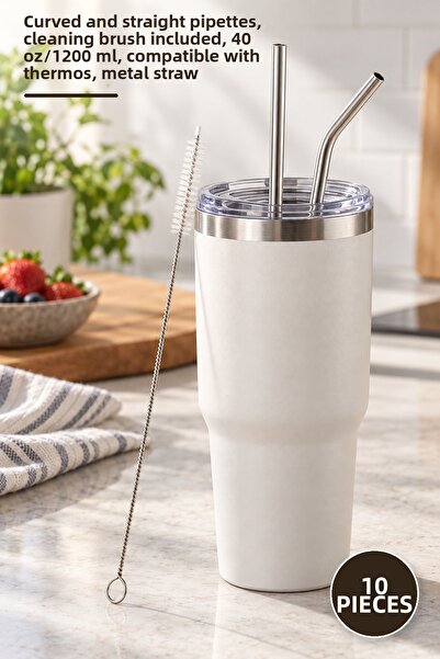 Yenilig 10-Piece Extra Long Stainless Steel Straw Set – Curved and Straight S...