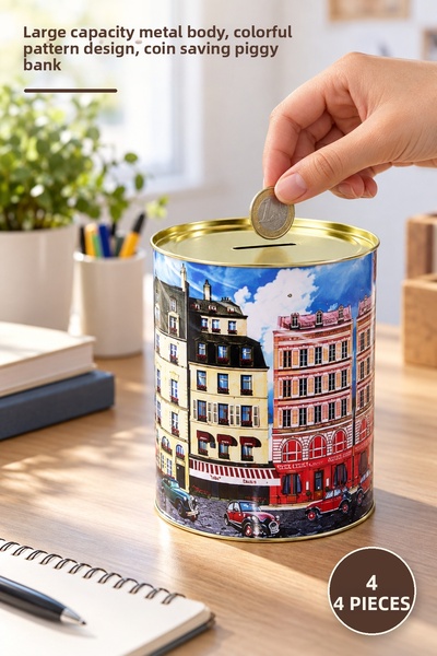 Yenilig 4 Pieces of Illustrated Metal Piggy Banks – Large Size Mega Volume Me...