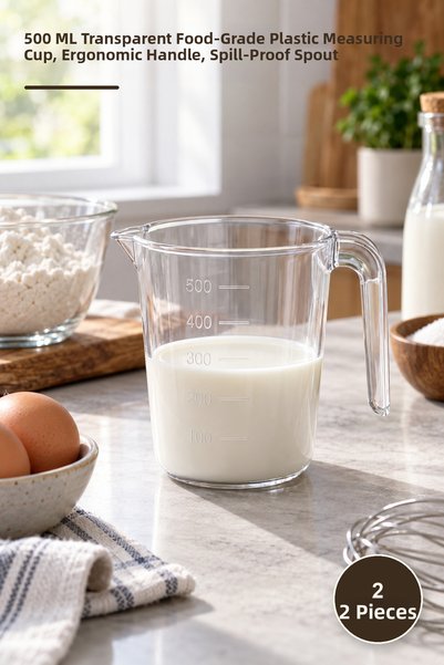 Yenilig 2 Pieces 0.5 Liter Measuring Cup – 500 ml Transparent Food-Grade Plas...