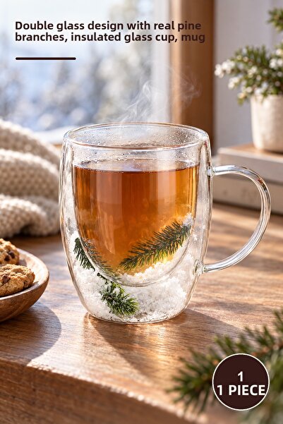 Yenilig 1 Piece Double-Walled Pine Glass Cup – Double Glass Design with Real ...
