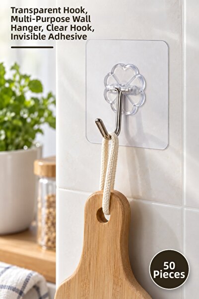 Yenilig 50 Pieces Self-Adhesive Transparent Hangers – Transparent Hook, Multi...