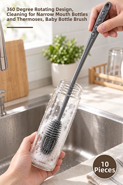 Yenilig 10 Pieces Silicone Long Handle Jar Washing Brush – 360 Degree Angled ...
