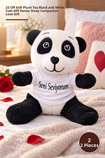 Yenilig 2Pcs I Love You T-Shirt Plush Panda - 25 cm Soft Plush Toy Black-Whit...