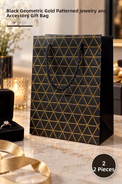 Yenilig 2 Pieces Mini Cardboard Gift Bag – Black Geometric Gold Patterned Jew...