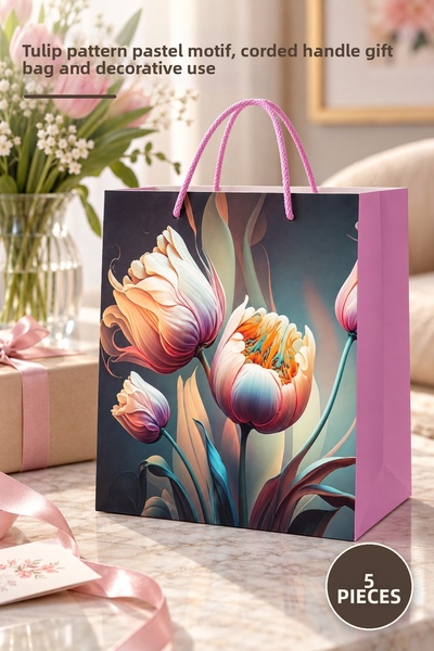 Yenilig 5 pungi mari de cadouri din carton - Motiv pastel cu model lalele, pa...