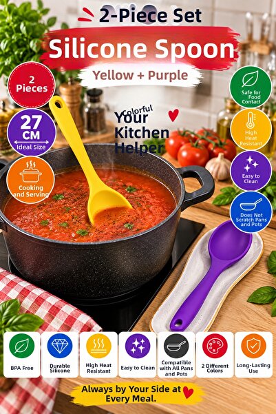 OpenCity Set of 2 Yellow Purple Large Size Silicone Spoons 27 cm Kitchen Cook...