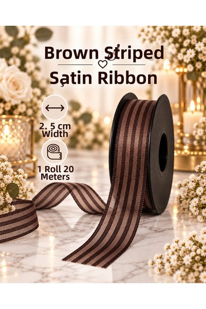 kubbe tekstil aksesuar Brown Striped Chiffon Ribbon 2.5 cm – 1 Roll 20 Yards – Decorative Bow, Gift Wrapping and Organizational Decoration Ribbon