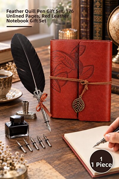 Yenilig 1 Red Leather Notebook – Gift Set with Feather Dip Pen, Unlined 176 P...
