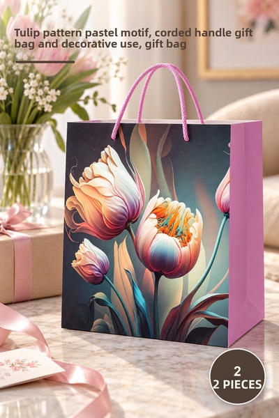 Yenilig 2 pungi mari de cadouri din carton - Motiv pastel cu model de lalele,...